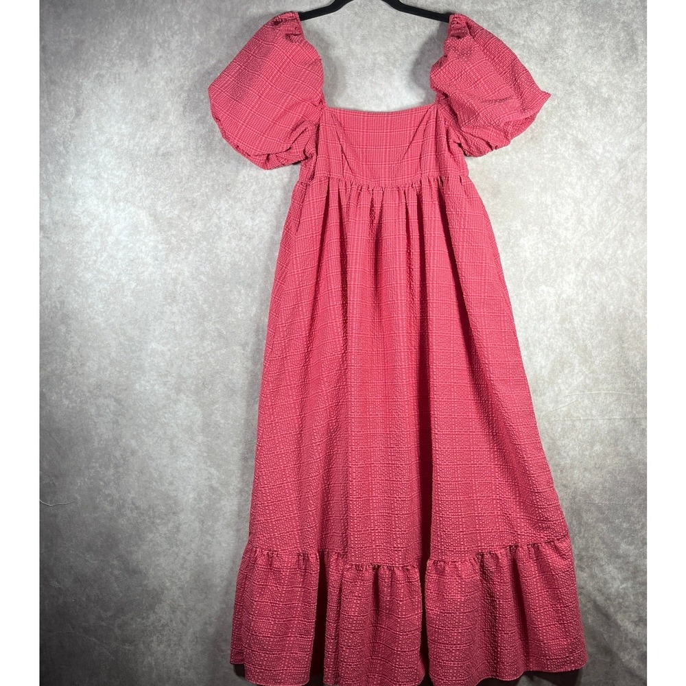 Storia Maxi Dress Womens Size XS Pink Woven Tiered Puff Sleeve Smocked Boho